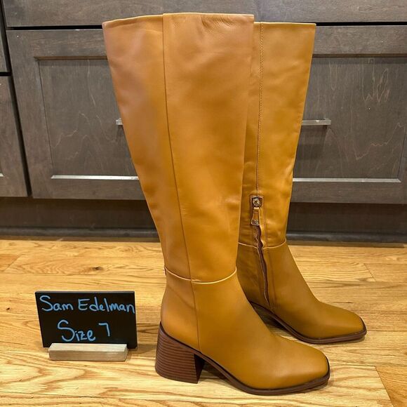 New Womens Sam Edelman Wade Caramel Brown‎ Leather Riding Boots Knee High Size 7 - Picture 1 of 7